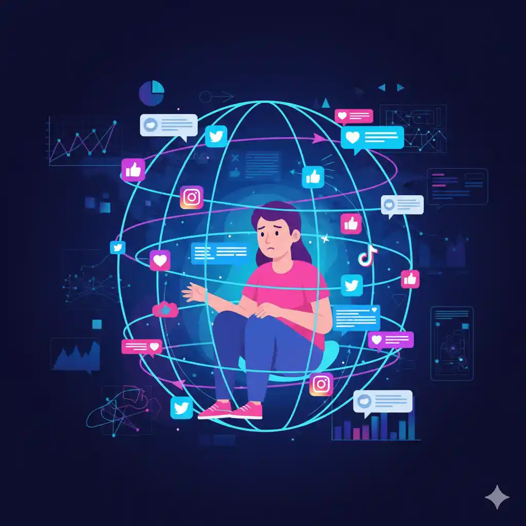 Person trapped in a social media echo chamber with repeated content bubbles from X, Instagram, and TikTok, representing algorithmic bias.