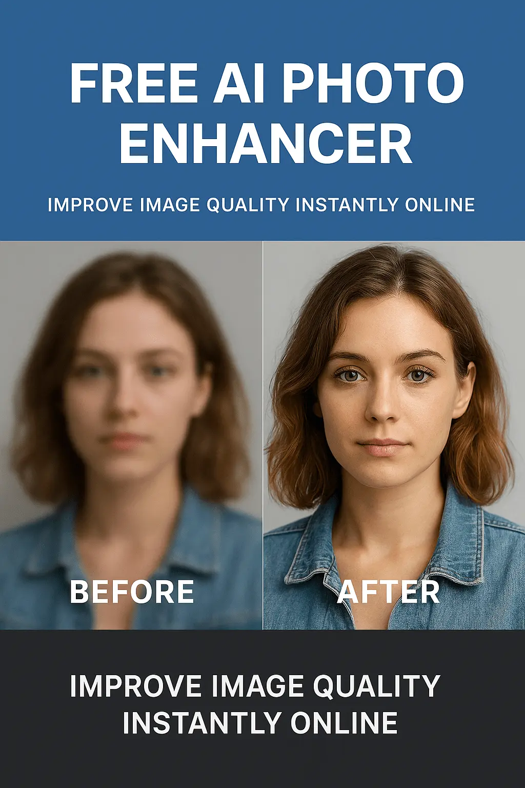 Free AI Photo Enhancer showing before and after image quality improvement using AI technology