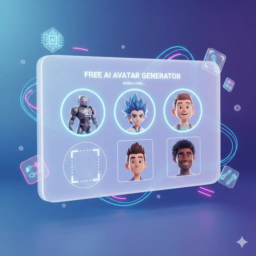 AI interface generating multiple digital avatars in different styles using a free AI avatar generator tool.